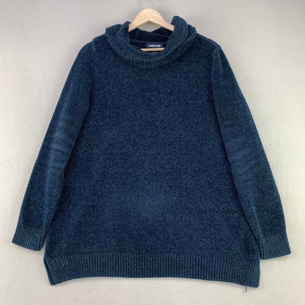 Lands End Cowl Neck Sweater Womens Large Dark Teal Chenille Knit Cozy Soft